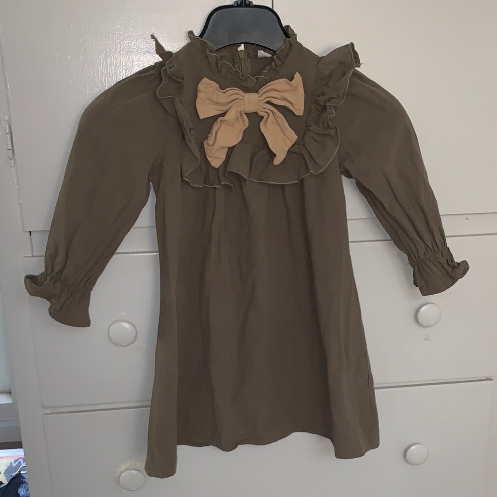 SHEIN Olive Green Ruffle Dress with Tan Bow Accent